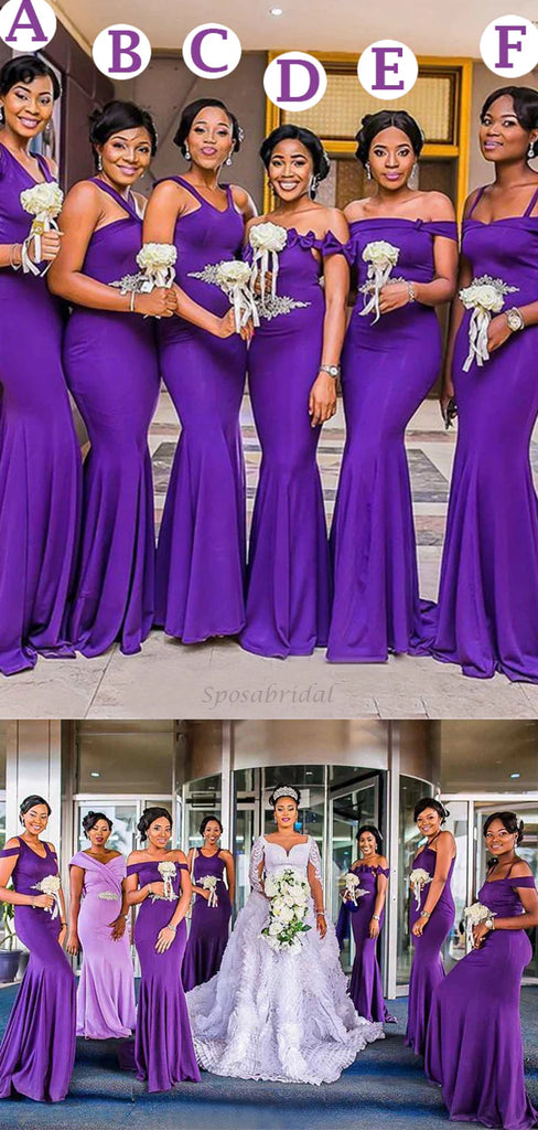 Mismached Purple Mermaid Long Simple Cheap Bridesmaid Dresses ,BD82