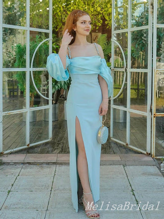 Elegant Sexy Light Blue Off Shoulder Mermaid Long Prom Dresses to Impress with Slit,MB901