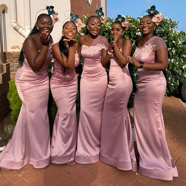 Elegant One Shoulder Pink Appliques Simple Cheap Mermaid Long Bridesmaid Dresses ,BD131