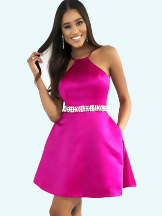 Elegant Pink Halter Satin Simple Beading Cheap Short Homecoming Dresses, HD186