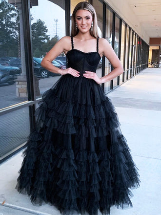 Sexy Black Spaghetti Straps Ruffle Tulle A- Line Long Evening Prom Dresses,MB102