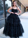 Sexy Black Spaghetti Straps Ruffle Tulle A- Line Long Evening Prom Dresses,MB102