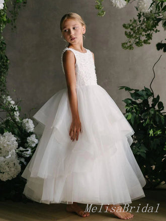 Cute White Lace Appliques Tulle Ruffle A- Line Cheap Long Flower Girl Dresses ,FG28
