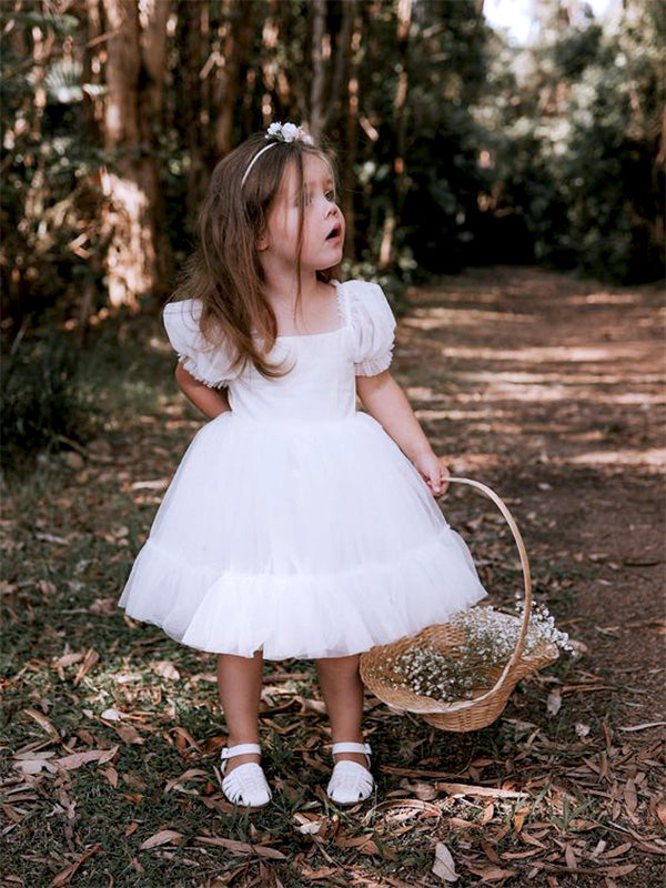 Cute White Tulle Ruffle A- Line Cheap Simple Flower Girl Dresses ,FG12