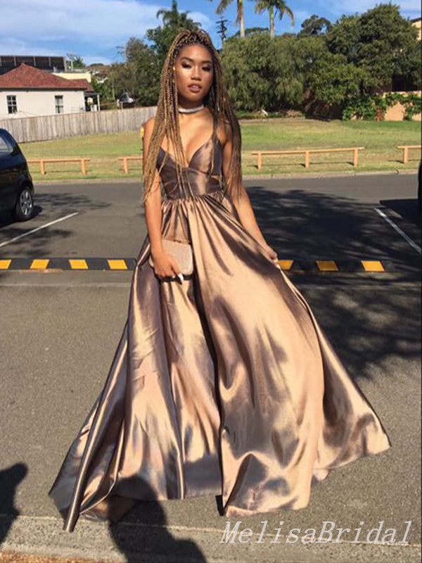 Sexy Spaghetti Straps V-neck Evening Gown Long Formal Dresses Prom Dresses with Pleats,MB344