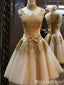 Elegant Gold Lace Appliques A-Line High Neck Graduation Party Homecoming Dresses With Bow Knot, HD366