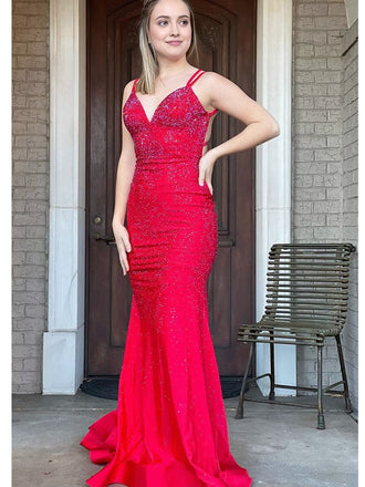 Elegant Red Strapless Simple Spaghetti Strap beading Evening Prom Dresses,MB84