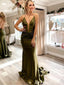Sexy Sheath Spaghetti Straps Olive Green Plunging Open Back Evening Gown Long Formal Dresses Prom Dresses,MB404