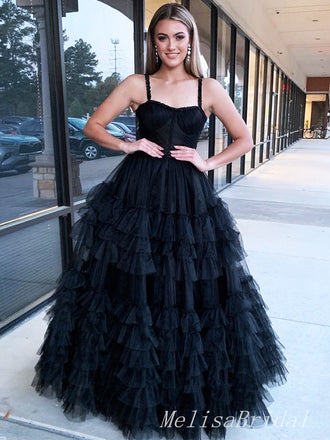 Sexy Black Spaghetti Straps Ruffle Tulle A- Line Long Evening Prom Dresses,MB102