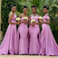 Elegant Pink Off Shoulder Tulle Simple Cheap Mermaid Long Bridesmaid Dresses ,BD121