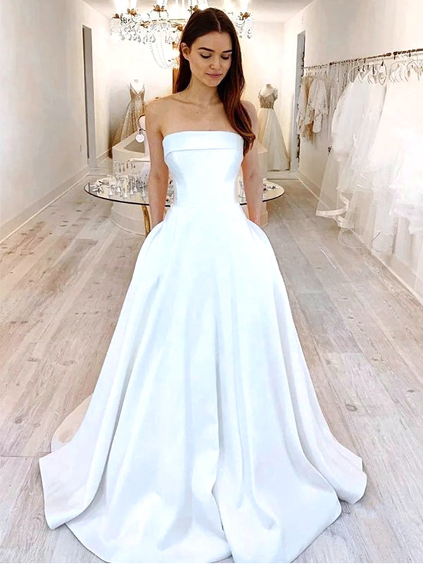 Elegant White Strapless A- Line Satin Long Wedding Dresses, WD33