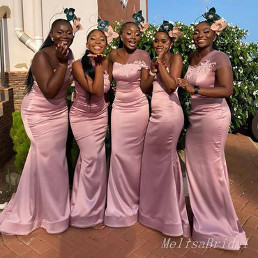 Elegant One Shoulder Pink Appliques Simple Cheap Mermaid Long Bridesmaid Dresses ,BD131