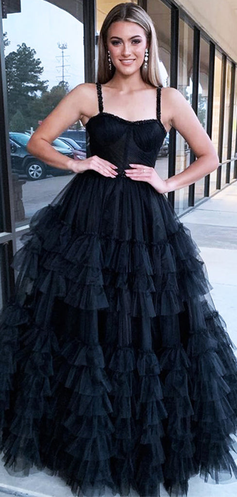 Sexy Black Spaghetti Straps Ruffle Tulle A- Line Long Evening Prom Dresses,MB102