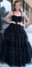 Sexy Black Spaghetti Straps Ruffle Tulle A- Line Long Evening Prom Dresses,MB102