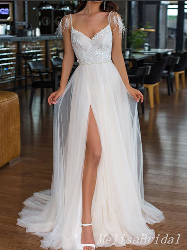 Elegant Spaghetti Straps Side Slit Appliques Tulle A-Line Long Wedding Dresses ,WD69