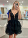 Sexy Black Sparkle A-line Lace Appliques Plunging Short Homecoming Dresses with Ruffles, HD291