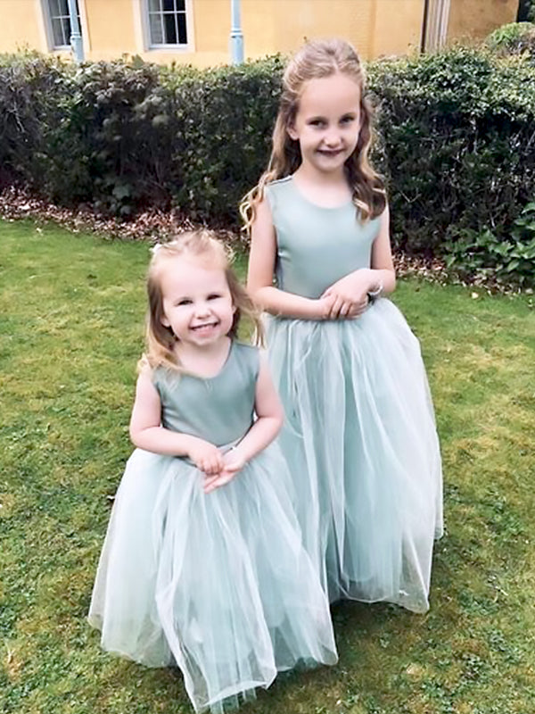 Elegant Light Green Tulle A- Line Cheap Simple Long Flower Girl Dresses,FG48