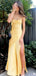 Elegant Yellow Spaghetti Strap Pleats Side Slit Simple Evening Prom Dresses,MB87