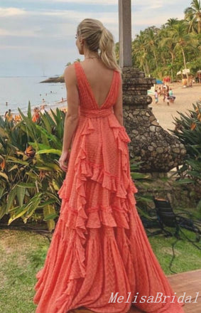 Plunging Deep V-Neck A-Line Sweetheart Ruffles Evening Gown Maxi Long Formal Dresses Prom Dresses With Side Slit,MB544