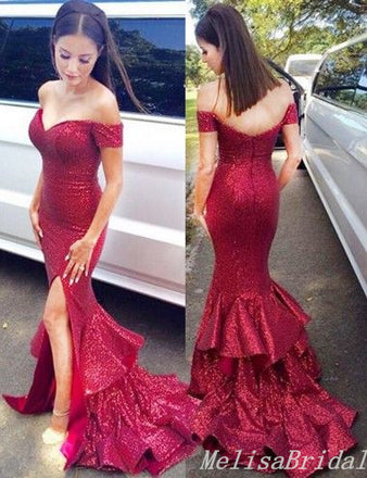 Sexy Off-The-Shoulder Sweetheart Side Slit Evening Gown Maxi Long Formal Dresses Prom Dresses With Ruffles,MB504