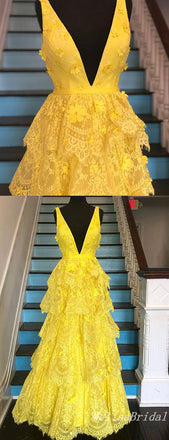 Yellow A-Line Deep V-Neck Lace Appliques Evening Gown Maxi Long Formal Dresses Prom Dresses,MB574