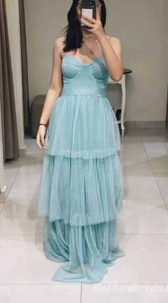 Sparkle Blue Spaghetti Straps A-line Fluffy Evening Gown Maxi Long Evening Party Prom Dresses ,MB764