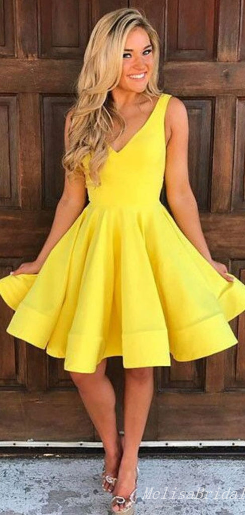 Elegant Yellow A-Line V-Neck Graduation Party Homecoming Dresses With Ruffles, HD330