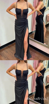 Sexy Black Spaghetti Straps High Slit Lace up Back A-line Evening Gown Long Prom Dresses with Pleats,MB289