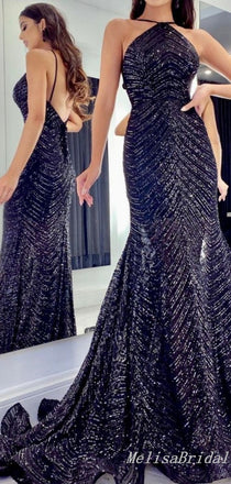 Charming Sparkle Sexy Halter Open Back Sheath Evening Gown Long Prom Dresses,MB329