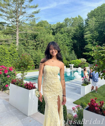 Light Yellow Sheath Straight Neck Leaf Appliques Strapless Evening Gown Maxi Long Evening Party Prom Dresses With Side Slit  ,MB590