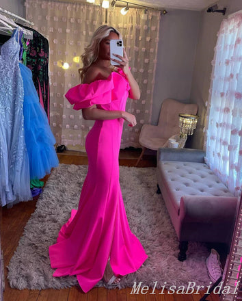 Charming Pink Side Slit Mermaid Strapless Evening Gown Maxi Long Formal Dresses Prom Dresses With Ruffle ,MB561
