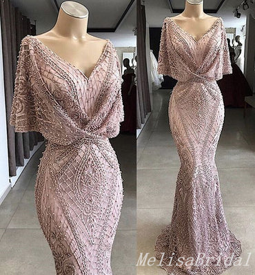 Pink V Neck Mermaid Evening Gown Long Evening Party Prom Dresses,MB825