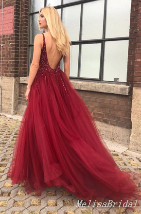 Gorgeous Sexy V-neck High Slit Open Back Sparkle Tulle Evening Gown Long Prom Dresses,MB327