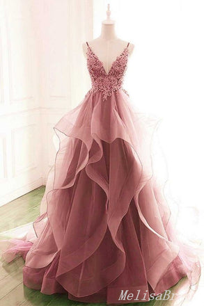 Sexy Dark Pink V-Neck Spaghetti Straps A-Line Lace Appliques Layer Evening Gown Maxi Long Formal Dresses Prom Dresses With Ruffles ,MB493