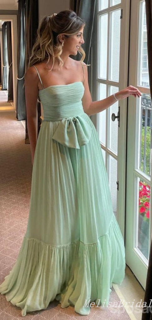 Elegant Green Spaghetti Straps A-Line Straight Neck Evening Gown Maxi Long Formal Dresses Prom Dresses With Bow Knot,MB521