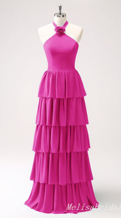 Hot Pink Layer A-line Halter Evening Gown Maxi Long Evening Party Prom Dresses,MB791