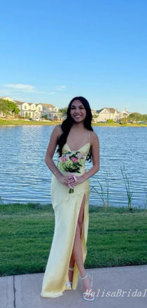 Elegant Sexy V-Neck Yellow High Slit Evening Gown Maxi Long Formal Dresses Prom Dresses,MB446