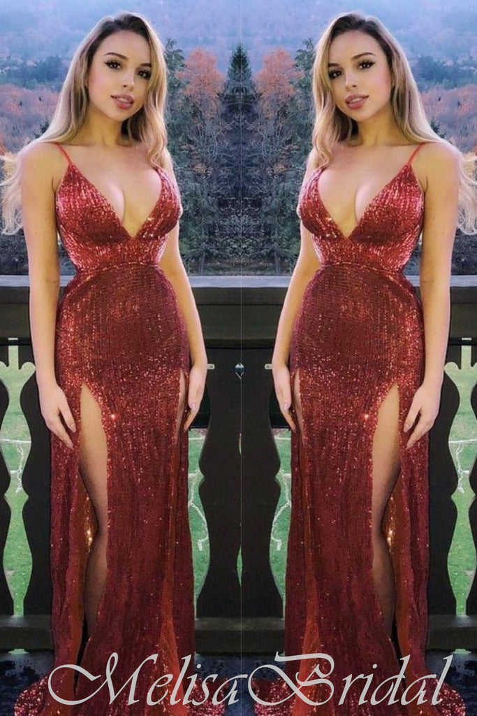 Sparkle Dusty Red Spaghetti Straps Plunging Deep V Neck Evening Gown Maxi Long Evening Party Prom Dresses With Side Slit,MB646