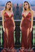 Sparkle Dusty Red Spaghetti Straps Plunging Deep V Neck Evening Gown Maxi Long Evening Party Prom Dresses With Side Slit,MB646