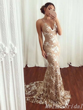 Sexy Spaghetti Straps Lace Appliques V-Neck Mermaid Evening Gown Maxi Long Formal Dresses Prom Dresses ,MB421