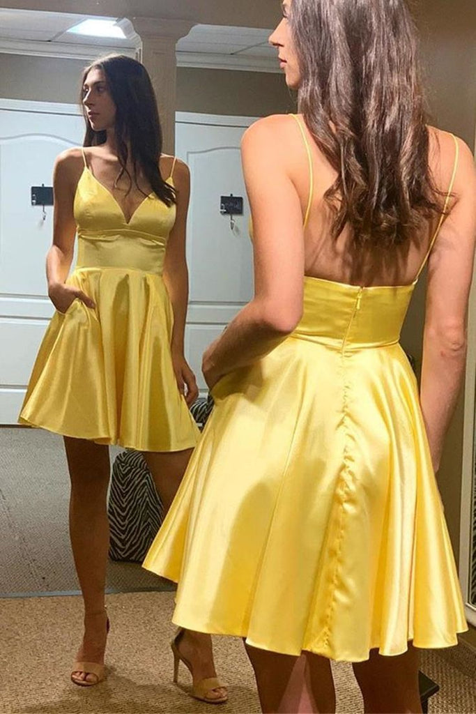 Elegant Yellow Spaghetti Straps V Neck Simple Cheap Short Homecoming Dresses, HD213