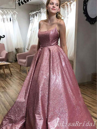 Sparkly Spaghetti Straps Lace up Back Evening Gown Long Prom Dresses ,MB247
