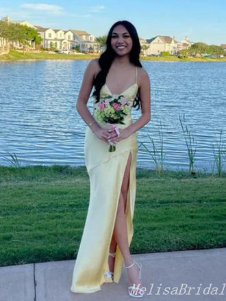 Elegant Sexy V-Neck Yellow High Slit Evening Gown Maxi Long Formal Dresses Prom Dresses,MB446