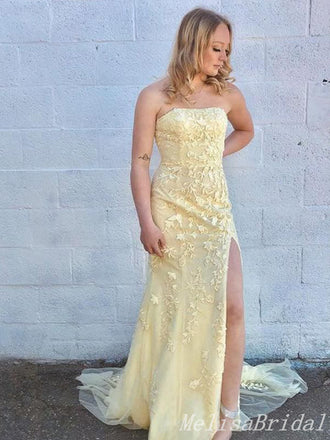 Light Yellow Sheath Straight Neck Leaf Appliques Strapless Evening Gown Maxi Long Evening Party Prom Dresses With Side Slit  ,MB590