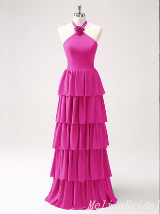 Hot Pink Layer A-line Halter Evening Gown Maxi Long Evening Party Prom Dresses,MB791