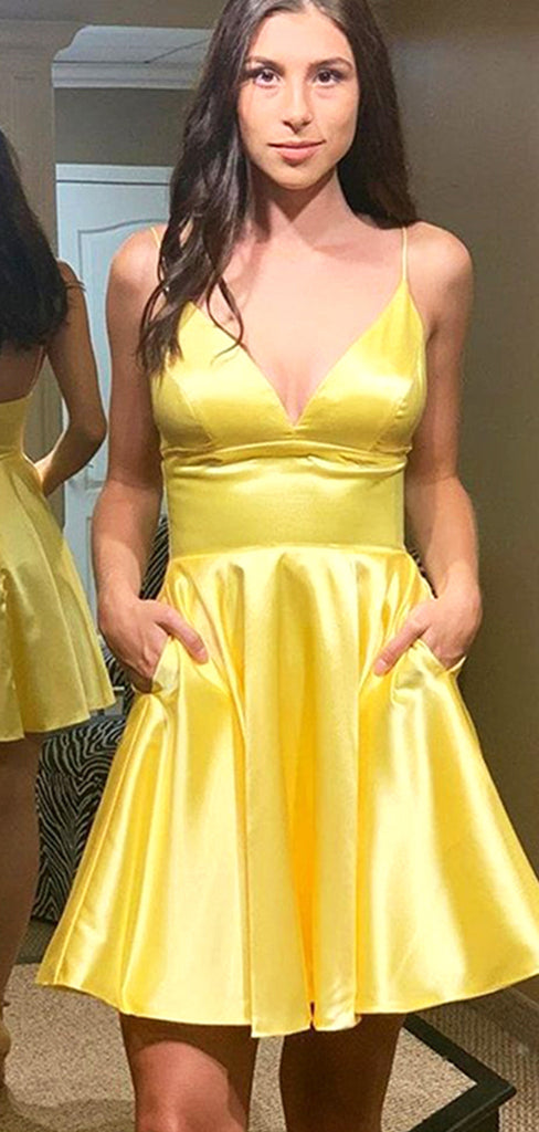 Elegant Yellow Spaghetti Straps V Neck Simple Cheap Short Homecoming Dresses, HD213