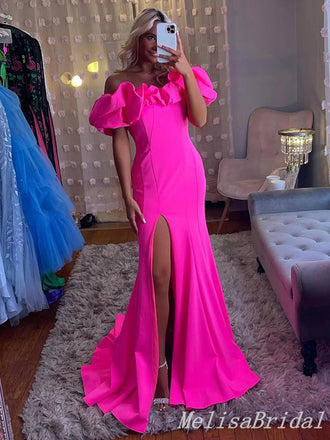 Charming Pink Side Slit Mermaid Strapless Evening Gown Maxi Long Formal Dresses Prom Dresses With Ruffle ,MB561
