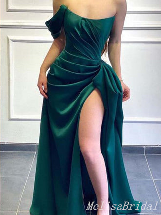 Sexy Green Off the Shoulder High Slit A-line Evening Gown Long Prom Dresses with Pleats,MB306