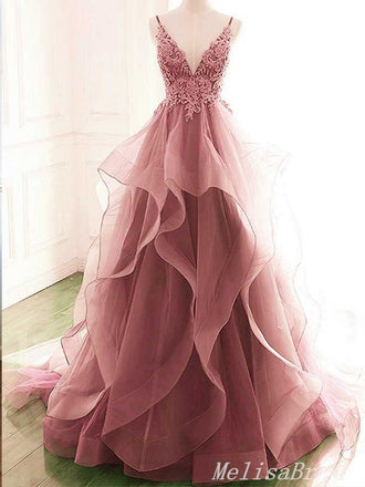 Sexy Dark Pink V-Neck Spaghetti Straps A-Line Lace Appliques Layer Evening Gown Maxi Long Formal Dresses Prom Dresses With Ruffles ,MB493