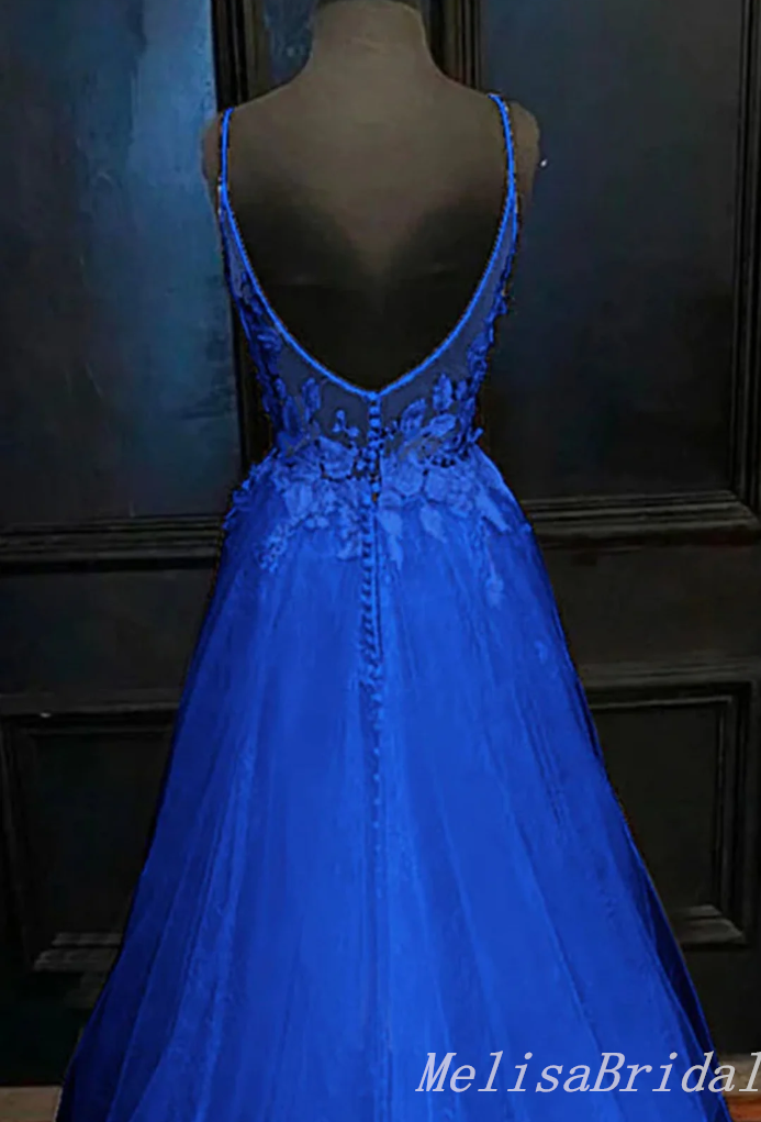 Sexy Elegant Royal Blue Spaghetti Straps Lace Appliques A-Line V-Neck Evening Gown Maxi Long Formal Dresses Prom Dresses,MB522